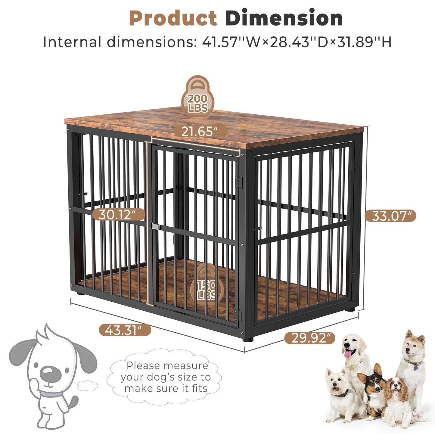 Lyromix 43'' Dog Crate Furniture with 3 Doors, XL Wooden Crate End Table Heavy Duty Indoor Puppy Cage for Medium to Large Dogs, Multiple Units Can be Combined