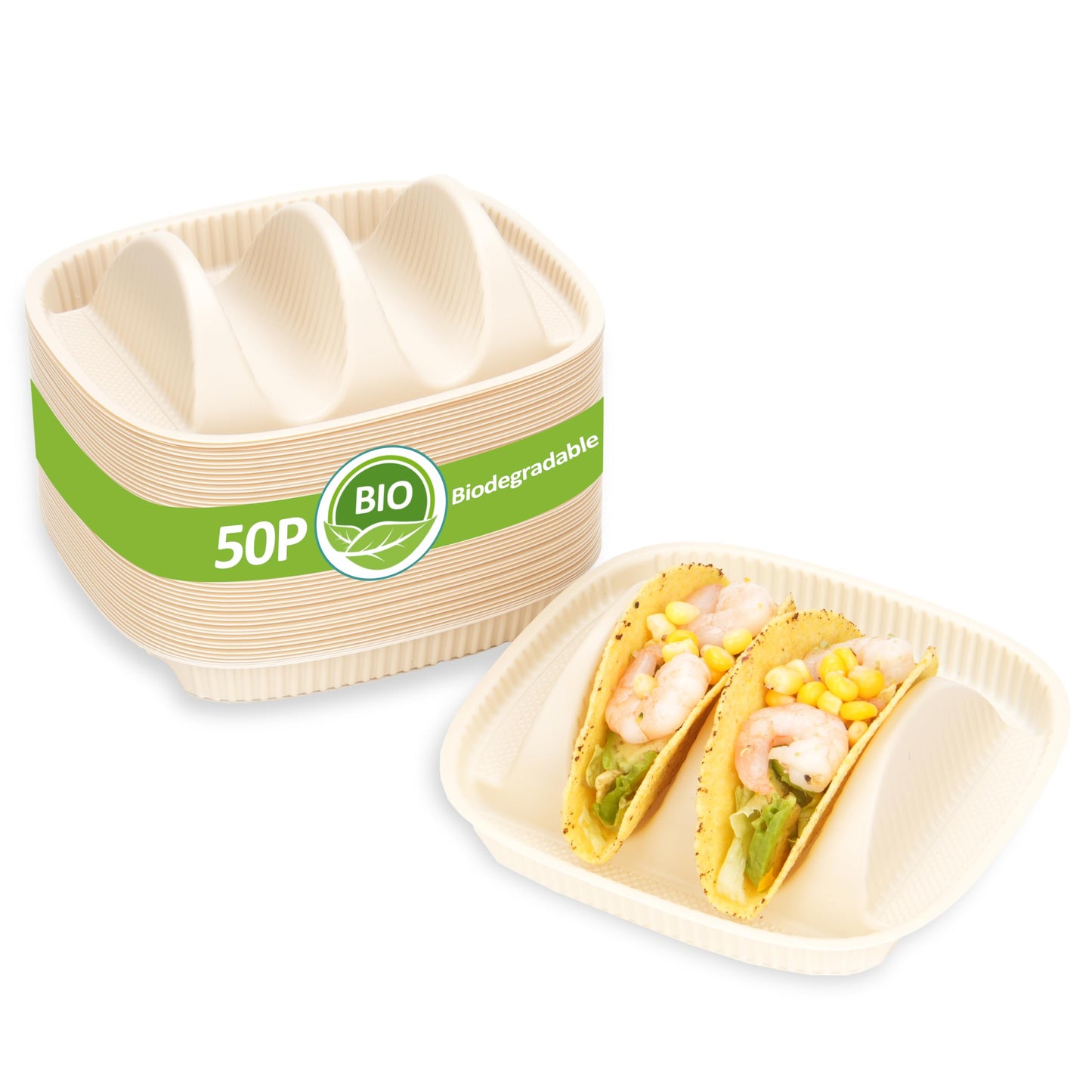 50-Pack Disposable Taco Plates for 2 Tacos - For Most 4-6 Inch Small Hard Shells - Biodegradable Cornstarch Holder Plates - Microwave Safe - Ideal for Fiesta, Bar, Party