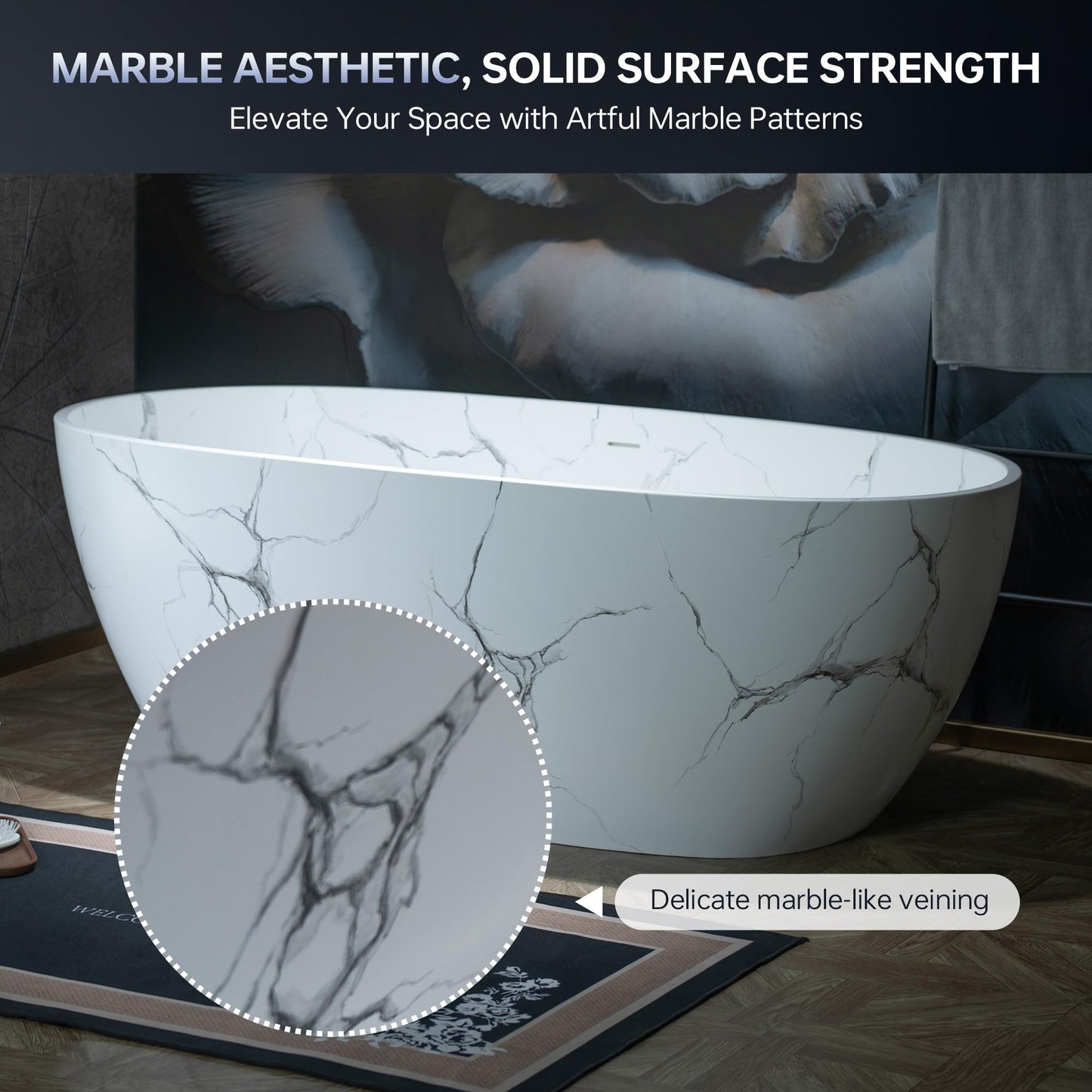 WOODBRIDGE 67" Marble-Pattern Stone Resin Freestanding Soaking Tub, Modern Oval Solid Surface Bathtub with Integrated Slotted Overflow & Drain, Matte Finish, CST0745