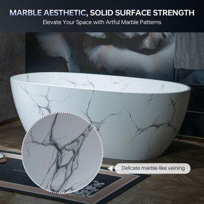 WOODBRIDGE 67" Marble-Pattern Stone Resin Freestanding Soaking Tub, Modern Oval Solid Surface Bathtub with Integrated Slotted Overflow & Drain, Matte Finish, CST0745
