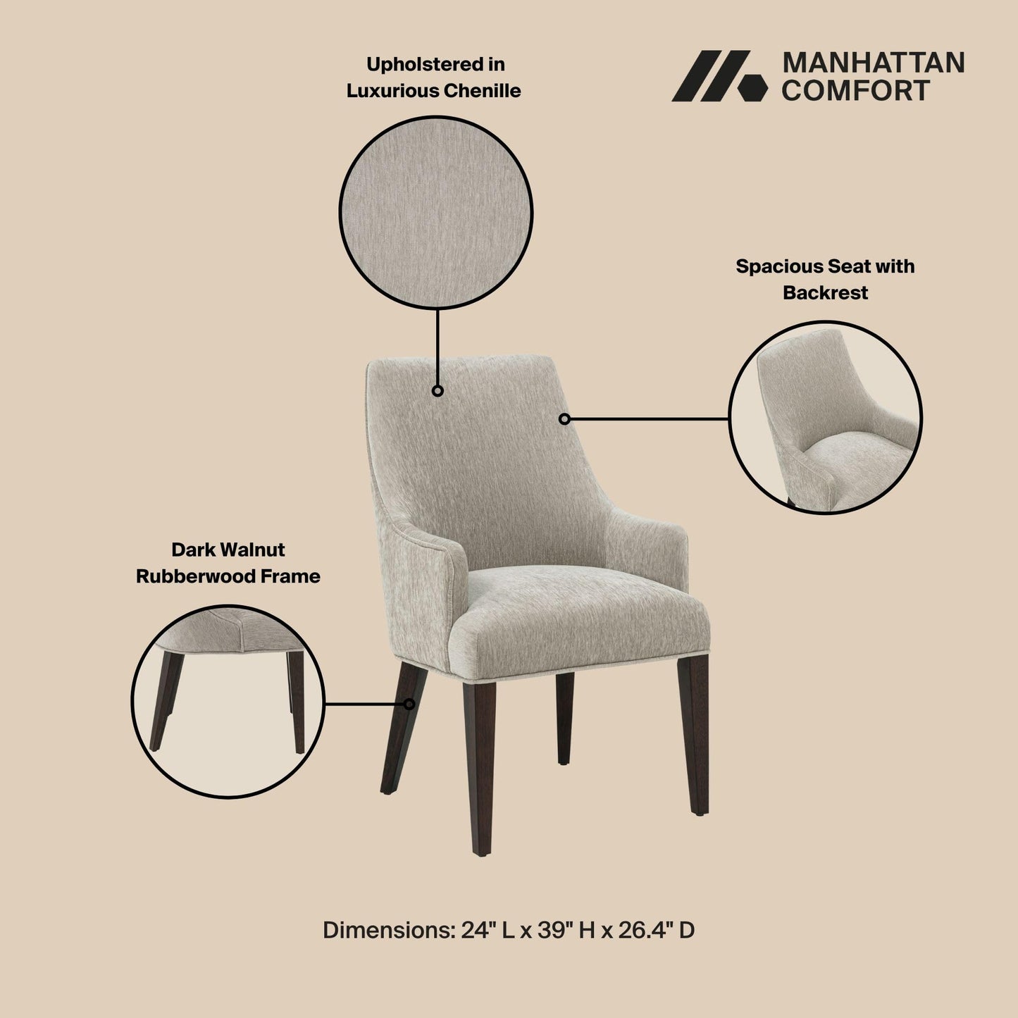 Manhattan Comfort Beever Modern Dining Chairs with Arms, Luxurious Chenille Upholstery, Foam Padded Seat, Rubberwood Legs, Sloped Ergonomic Back, Kitchen and Dining Room Furniture, Set of 2, Taupe