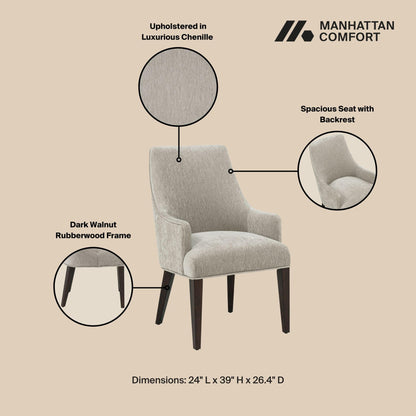 Manhattan Comfort Beever Modern Dining Chairs with Arms, Luxurious Chenille Upholstery, Foam Padded Seat, Rubberwood Legs, Sloped Ergonomic Back, Kitchen and Dining Room Furniture, Set of 2, Taupe