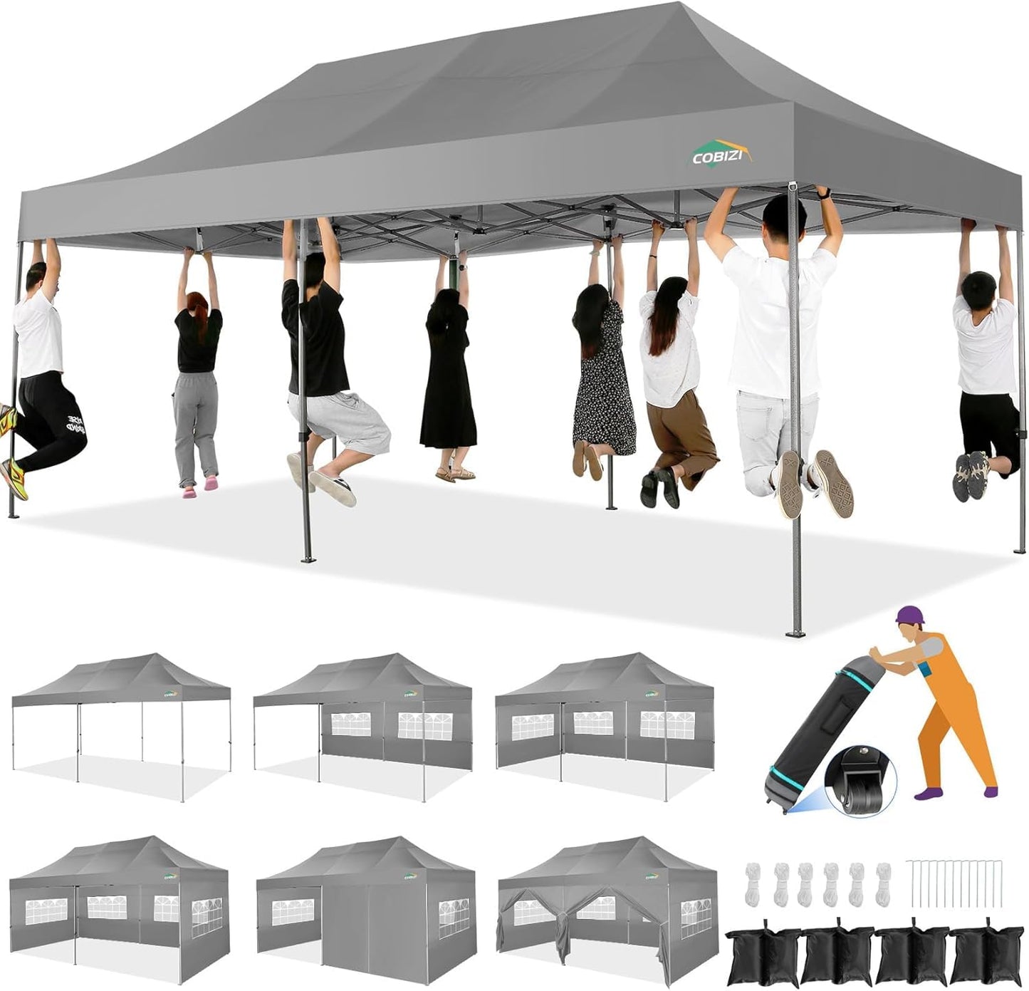 COBIZI 10x20 Heavy Duty Pop up Canopy Tent with 6 sidewalls Easy Up Commercial Outdoor Wedding Party Tents for Parties All Season Wind & Waterproof Gazebo Roller Bag, Light Grey(Frame Thickened)