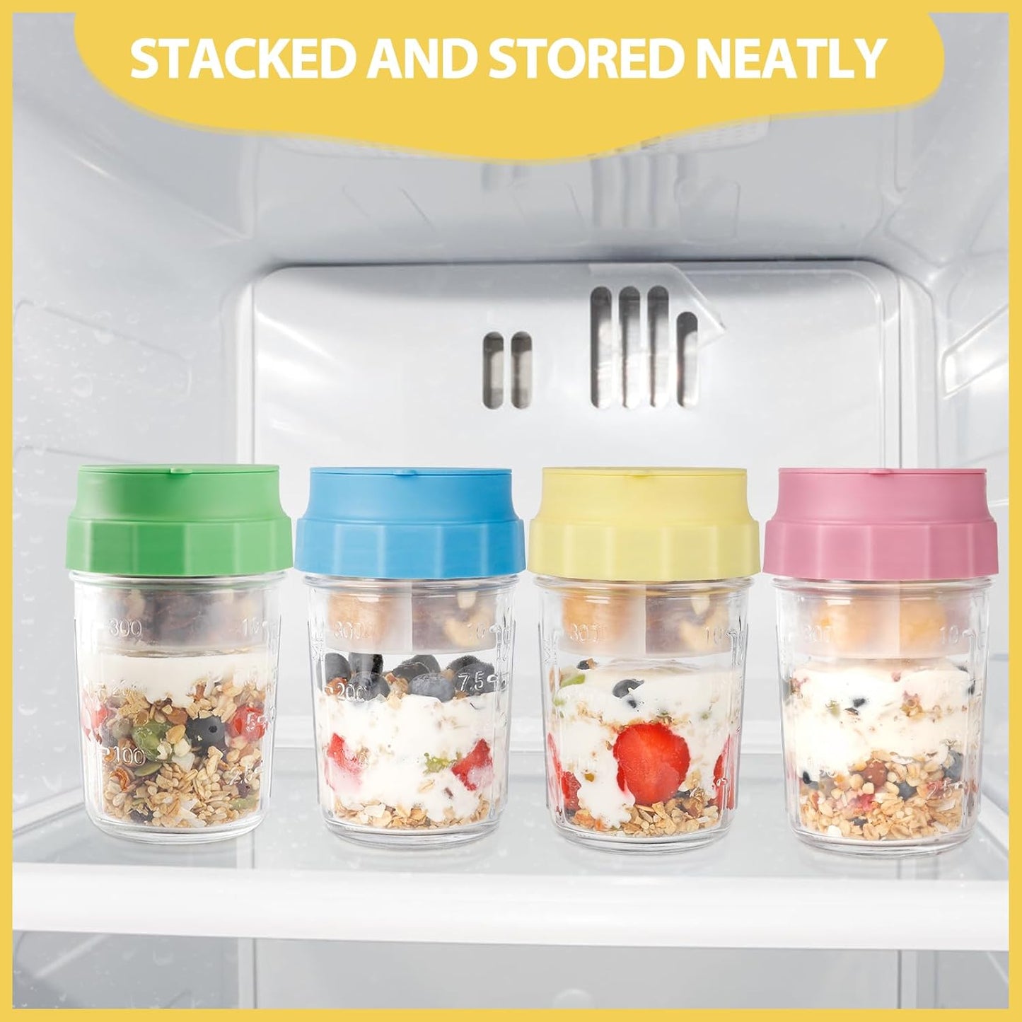 16oz 4 Pack Overnight Oats Jars, Yogurt Containers with Lids and Folding Spoons, Leak-Proof Wide Mouth Mason Jars