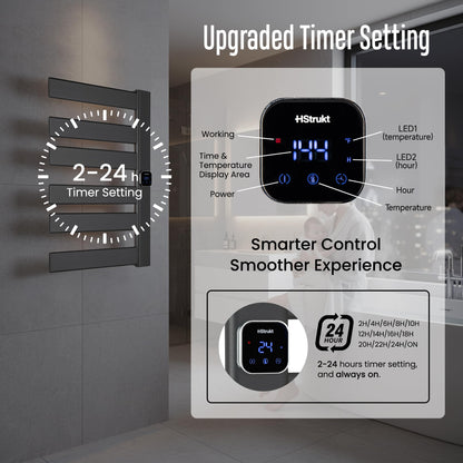 HSTRUKT Towel Warmer, Heated Towel Rack with Built-in Timer and Temperature Control,Hard-Wired(Right-Wiring)/Plug-in Wall-Mounted Towel Rail, Aluminum，18.8" W X 25.6" H, Black