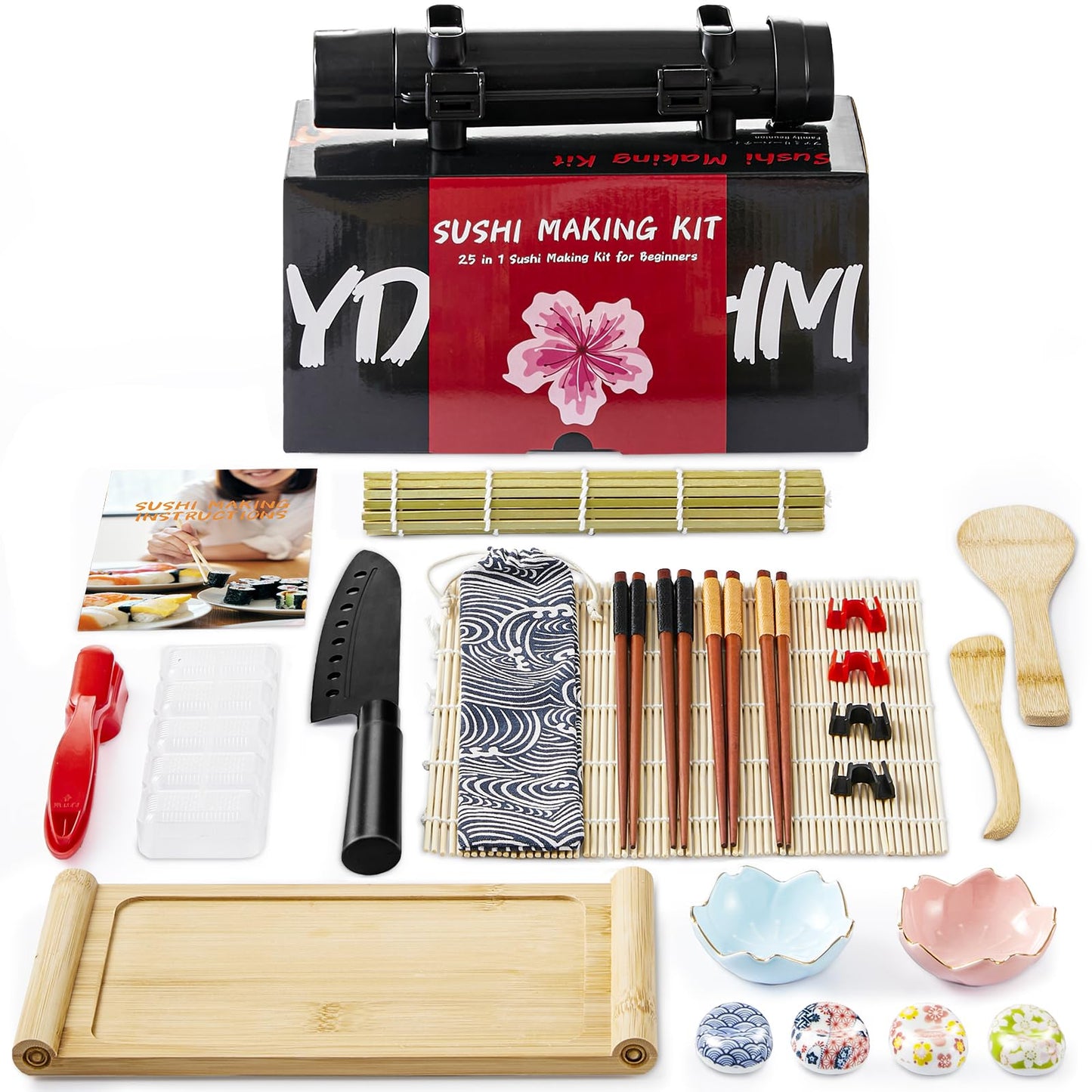 YDGFUHM Deluxe Sushi Making Kit 25-in-1 Bazooka Roller Set, Bamboo Mat,Knife,Sauce Tray,Japanese Sashimi Sushi Bamboo Serving Geta Plate,and More - Perfect for Beginners