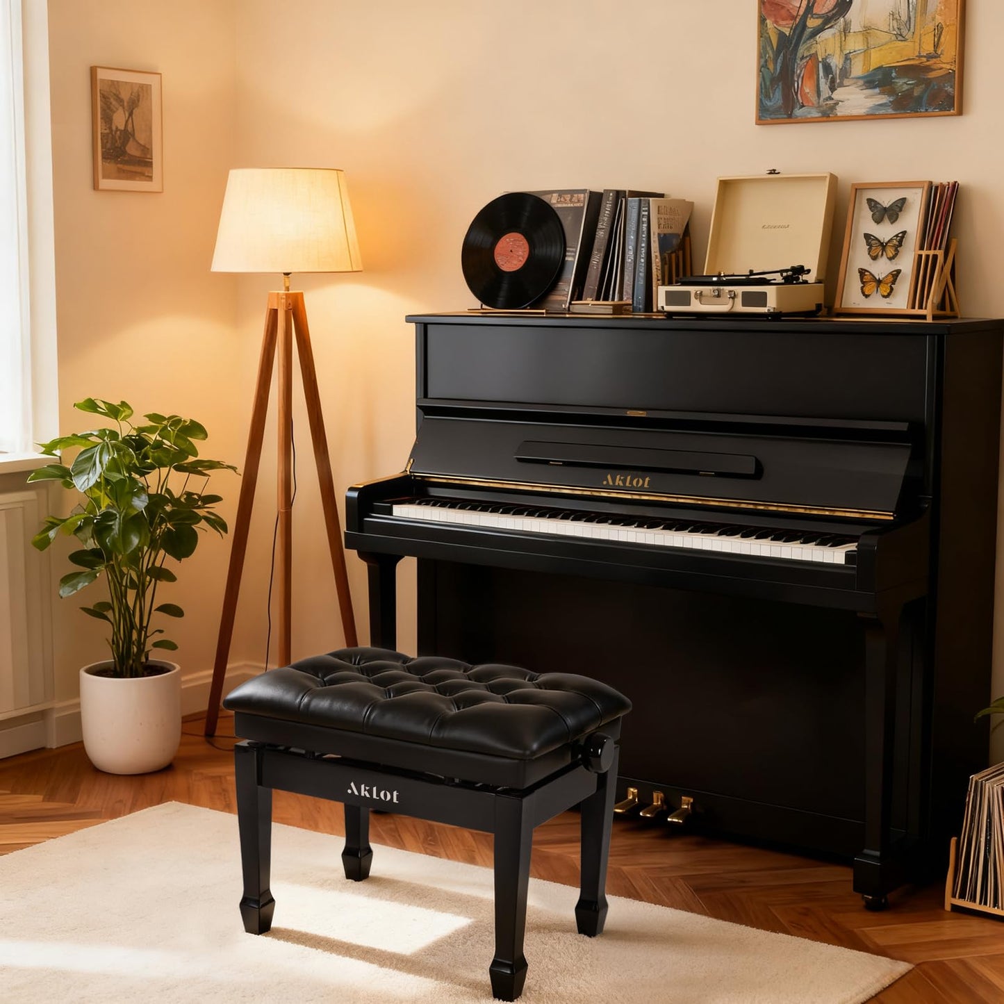 AKLOT Hydraulic Piano Bench, Keyboard Bench with Padded Cushion, Ajustbale Heavy Duty Piano Seat with High-Density Sponge, Piano Stool 23.22"X 15.75" Solid Wooden Piano Chair for Pianist（Black