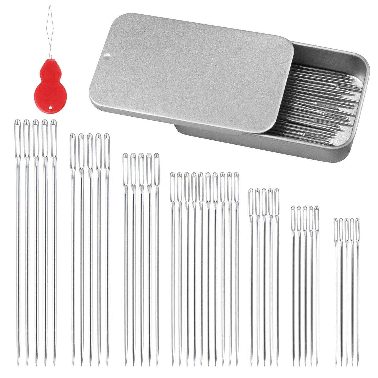FIVEIZERO 80/40 PCS Large Eye Sewing Needles, 7 Sizes Sewing Sharp Needles, Leather Needle Embroidery Thread Needle, Stainless Steel Yarn Knitting Needles with Threaders for Handsewing Art Crafts