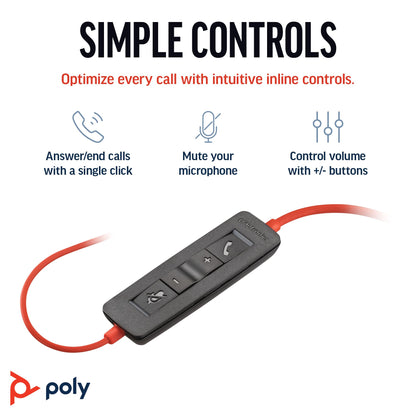 Poly Blackwire 3220 Wired Headset with Mic, Hi-Fi Stereo Sound, Noise-Canceling Mic, Stereo Design, Connect to PC via USB-C & USB-A Adapter, Over-Ear Design, Works with Virtual Meeting Platforms
