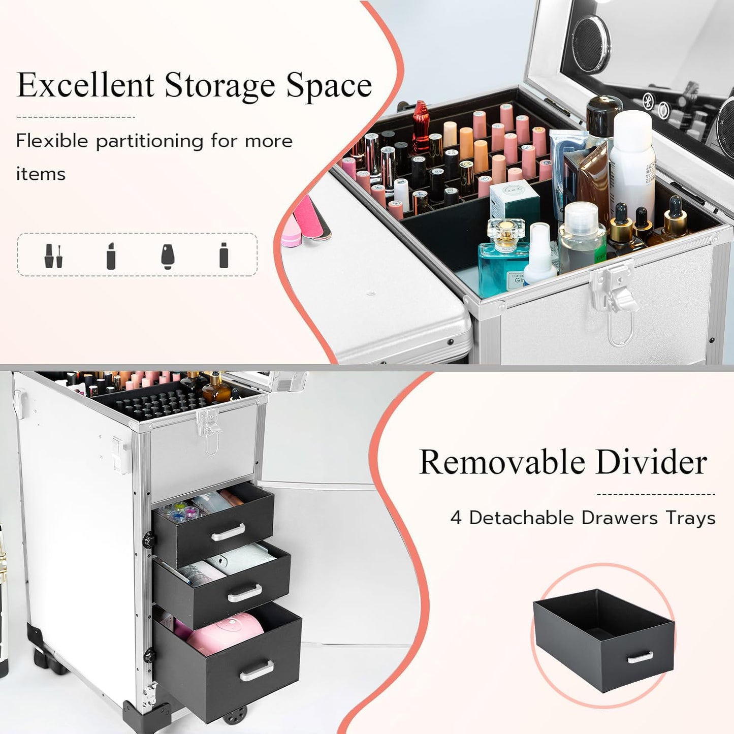 Gdsshuhung Portable Nail Desk with LED Mirror, Heavy Duty Foldable Manicure Table with 3 Drawers, Rolling Makeup Train Case Cosmetology Trolley on Wheels, Mobile Nail Tech Workstation (White)