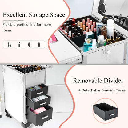 Gdsshuhung Portable Nail Desk with LED Mirror, Heavy Duty Foldable Manicure Table with 3 Drawers, Rolling Makeup Train Case Cosmetology Trolley on Wheels, Mobile Nail Tech Workstation (White)