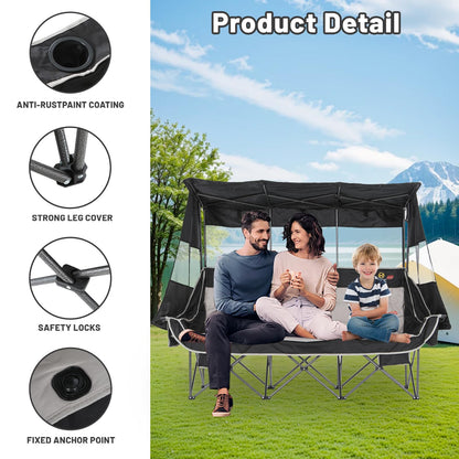 Nice C Heated 3 Seat Camping Chair with Canopy, Heated Double Folding Couch Loveseat Bench With Battery, Portable Oversized Padded Sports Umbrella Chair With Shade, Cup Holder, For Adults Outdoor Lawn