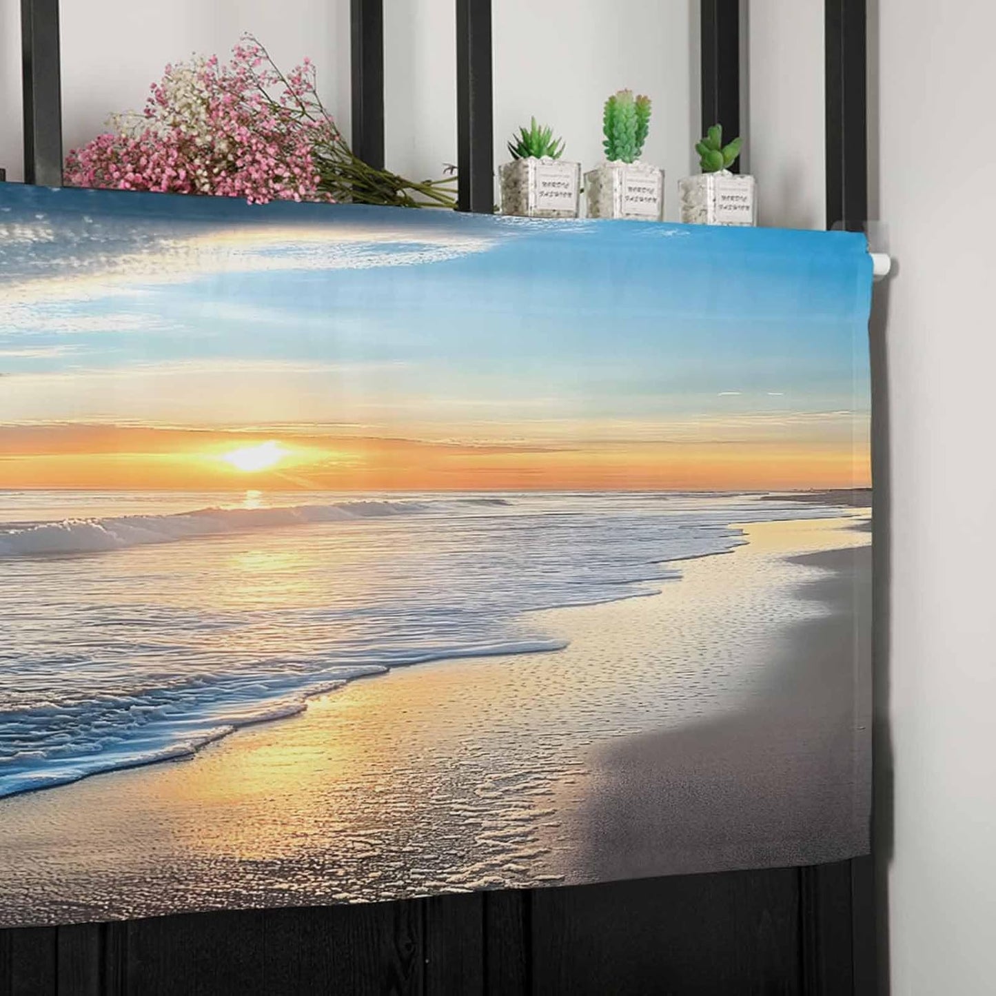 Hostline Sunset 42"x18" Valances Curtains for Living Room Beautiful Seascape Waves and Beach Semi Sheer Valance