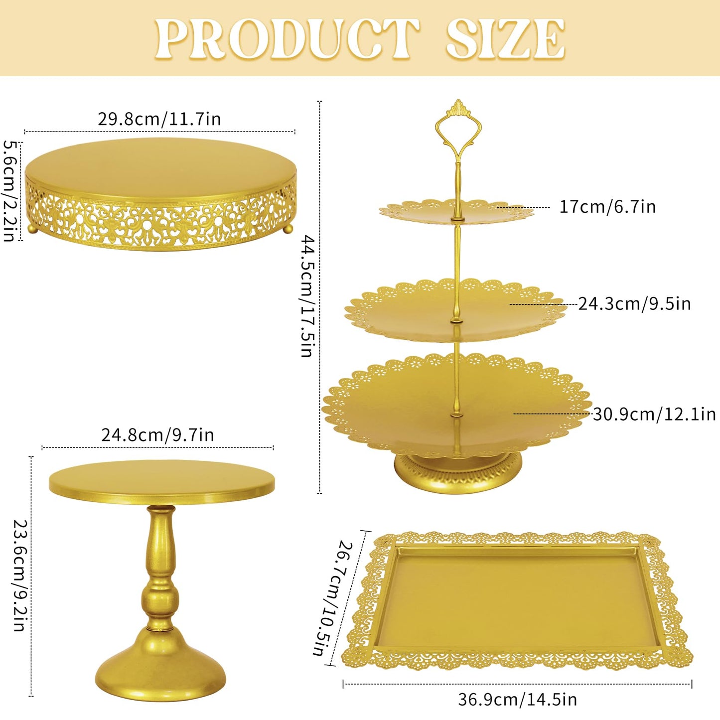 Fivenl 8 Pcs Cake Stand Gold Metal Dessert Table Display Set, 3-Tier Cupcake Stand, Cake Display Tower and Cookie Tray Rack Serving Tray for Birthday Party, Weddings, Baby Shower (Gold)