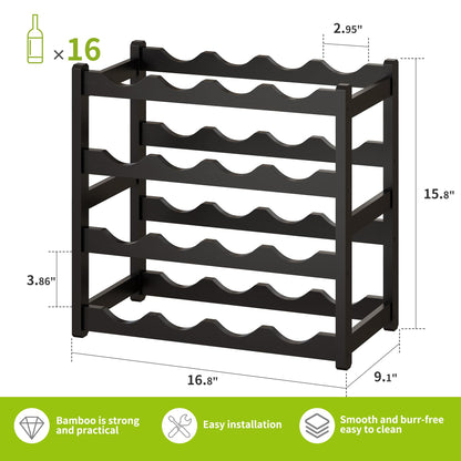 BMOSU Bamboo Wine Rack Wine Storage Cabinet Shelf 16 Bottle Wine Racks Countertop Sturdy for Kitchen Dining Room Pantry - 4 Tiers Wine Rack(Black)