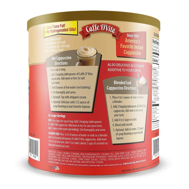 Caffe D'Vita Mocha Cappuccino Mix - Mocha Powder Mix, Instant Cappuccino Mix, Gluten Free, No Cholesterol, No Hydrogenated Oils, No Trans Fat, 99% Caffeine Free, Mocha Mix - 4 LBS