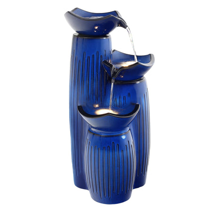 Autodaya Modern Ceramic Outdoor Water Fountain with LED Lights, 30" 3-Tier Geometric Pedestal Water Feature with Fluted Texture, Relaxing Cascading Waterfalls for Garden Lawn Patio Yard Art Decor