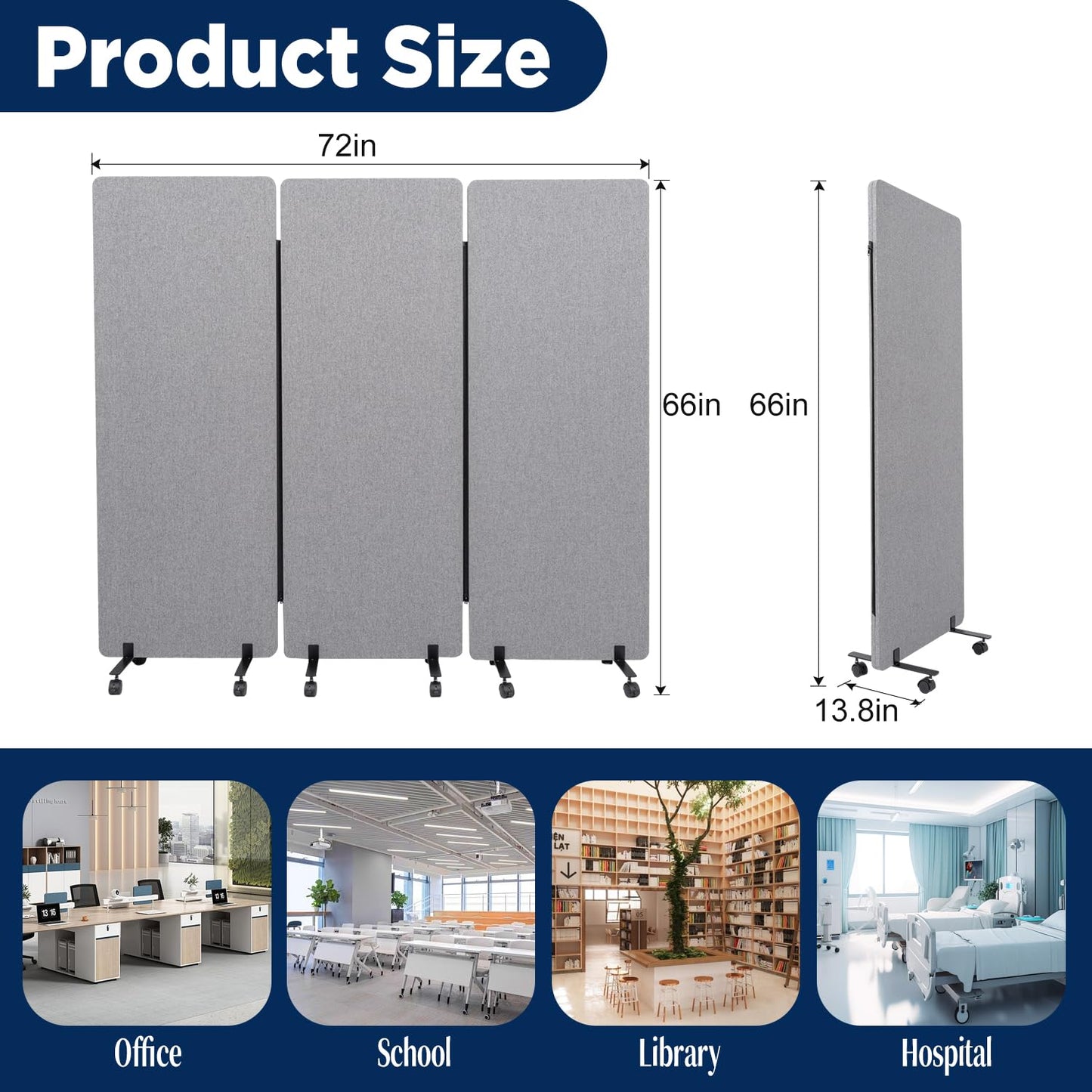 Room Divider Soundproof Privacy Panel with Wheels, 3 Panel Portable Office Wall Divider for Room Partition, Soundproof Partition Room Dividers Cubicle Wall Temporary Wall Space Separator for Office