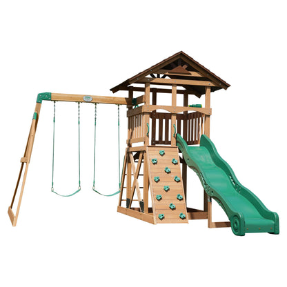 Backyard Discovery Lightning Ridge Cedar Wood Swing Set with Wave Slide, Play Deck, Rock Wall, Sandbox, Belt Swings, Toy Telescope, Steering Wheel, Step Ladder, Outdoor Playset