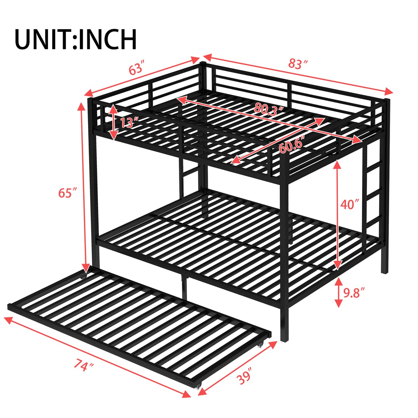 STERXONE Upgraded Version Thicken Metal Heavy Duty Queen Over Queen Bunk Bed with Twin Size Trundle, Stronger Steel Bunk Bed with Ladder for Adults, Easy Assembly (Queen Over Queen)