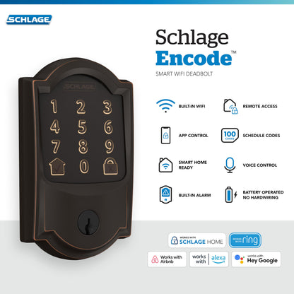 Schlage Encode Smart WiFi Deadbolt Lock for Front Door - Keyless Entry with App or Touchscreen - Works with Alexa, Hey Google, & Airbnb - Create Codes for Guests - Matte Black