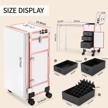 ZhenGuiRu Portable Manicure Table 3 Drawers, Rolling Lockable Makeup Train Case with Blueteeth Speaker and Nail Polish Organizer, Foldable Nail Desk with Mirror & TSA Lock for Nail Tech and Salon Use