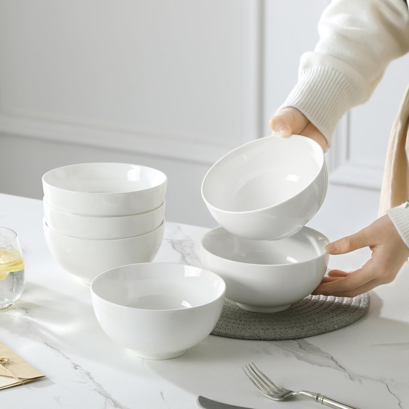 MALACASA 26 oz Porcelain Soup Bowls, White Ceramic Cereal Bowls for Kitchen 6 inch Bowls Set of 6 for Oatmeal Salad Fruit Rice Dishwasher and Microwave Safe, Series Regular