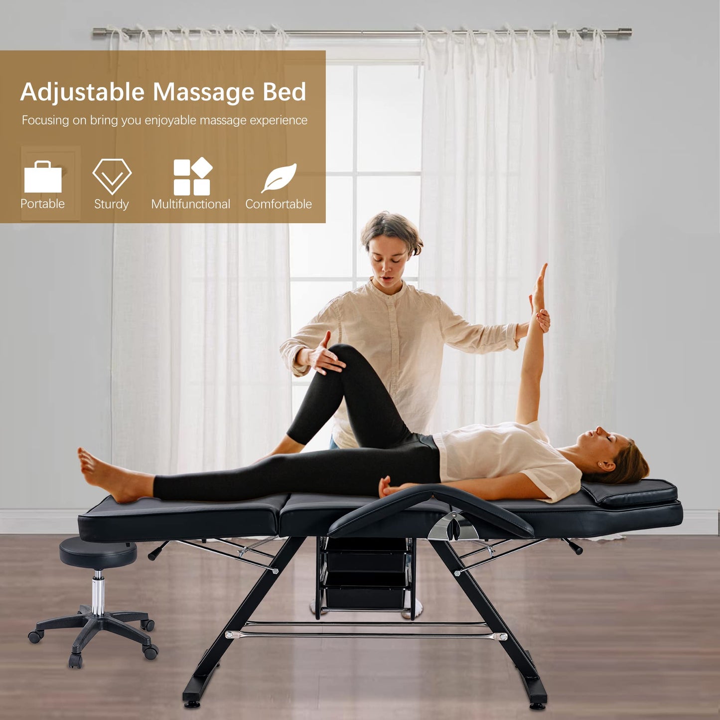 Konsilsa Multi-Purpose 3-Section Facial Bed Table with Hydraulic Stool - Adjustable Beauty Salon Tattoo Chair, Esthetician Spa Equipment, Two Removable Trays for Massage, Facial Lash Treatments
