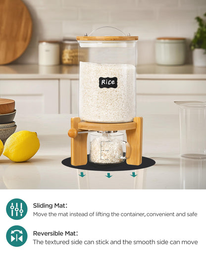 Famyards 5-7 lbs Glass Rice Dispenser with Wooden Stand Flour and Cereal Container with Glass Measuring Cup & Labels & Slider mat Pantry Food Organization Storage Bin with Airtight Bamboo Lid, 3L