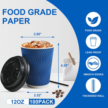 RAZCC Coffee Cups, 100 Pack 12 oz Disposable Blue Insulated Paper Cups, Corrugated Kraft Ripple Wall Cup, Comes With Lids and Straws, Suitable for Hot and Cold Drinks