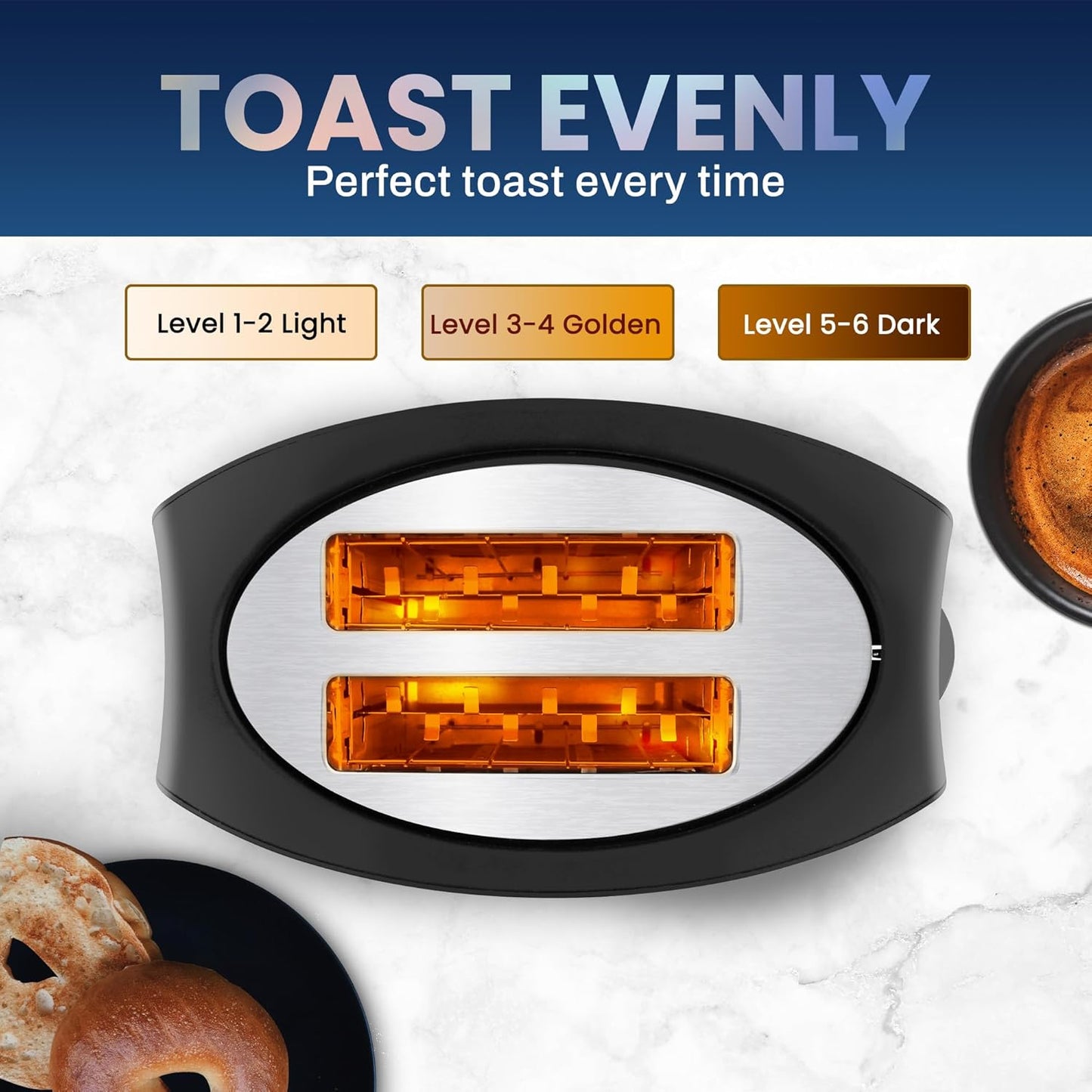 Elite Gourmet ECT2428 Extra Wide 1.25” Slot 2-Slice Toaster, 6 Toast Settings, Cancel, Defrost, Stainless Steel