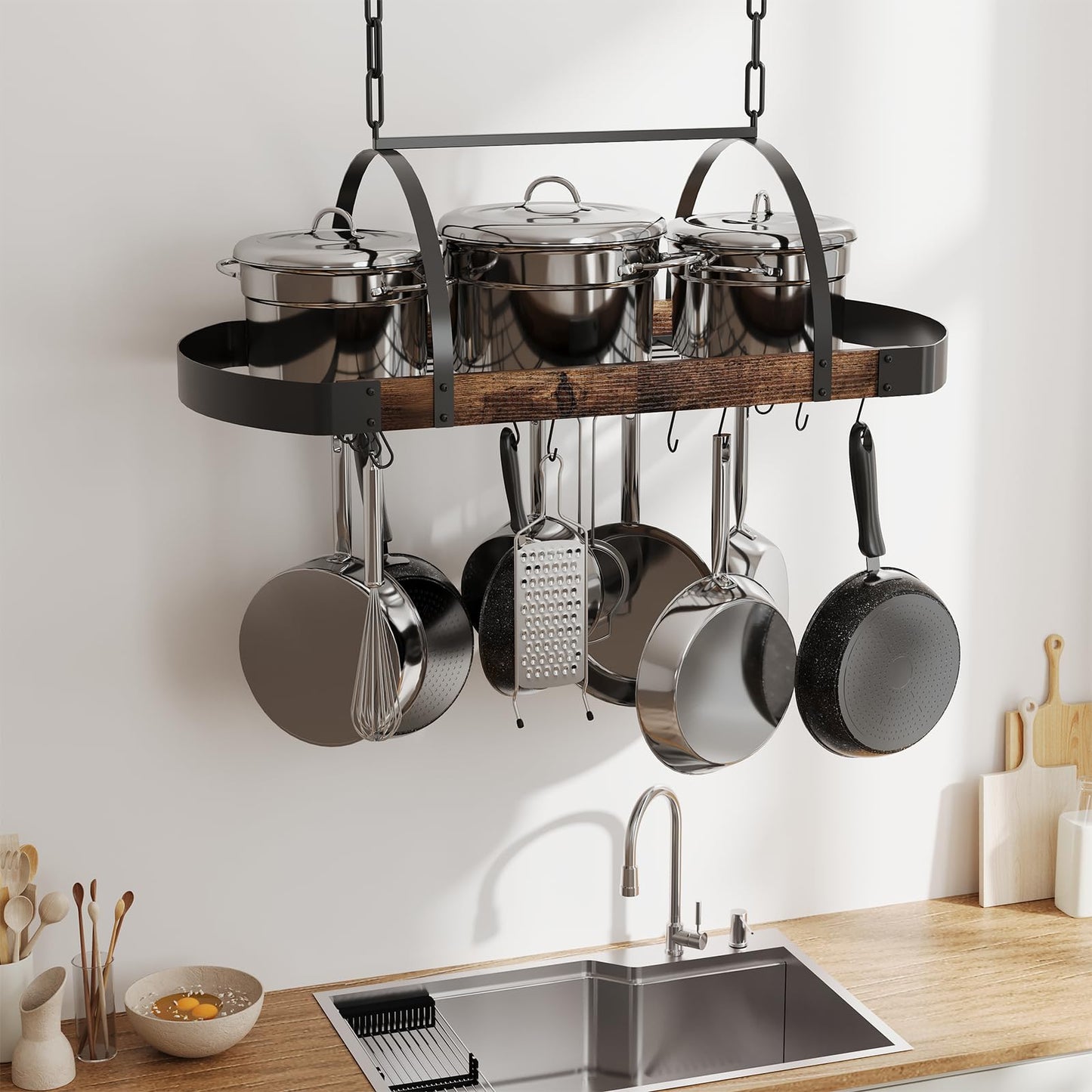 Chloraeon Hanging Pot Rack,32-Inch Ceiling Pot Rack for Kitchen,Space-Saving Pot Hanger with 16 Detachable S Hooks,Sturdy Metal Frame,Industrial Style,for Pot, Pan Storage,Space-Saving