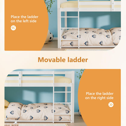 JOYMOR Solid Wood Low Twin Over Twin Bunk Bed for Kids/Junior, Bunk Bed Frame with Guardrails & Ladder for Boys Girls, No Box Spring Needed (White)