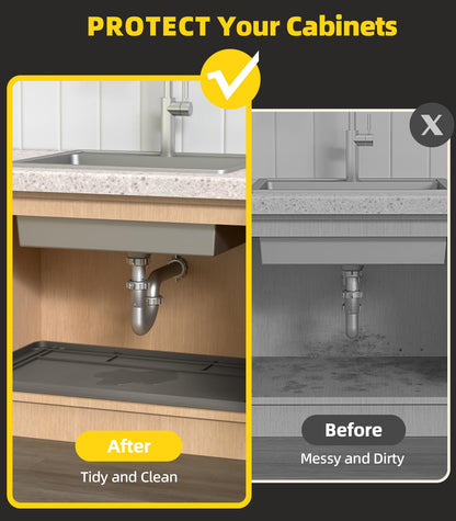 Under Sink Mats for Kitchen Waterproof, 34" X 22" Or Smaller Cut to Fit Under Sink Drip Tray for Kitchen Bathroom Cabinets, Silicone Liner Hold Up to 3.3 Gallons Liquid - Grey