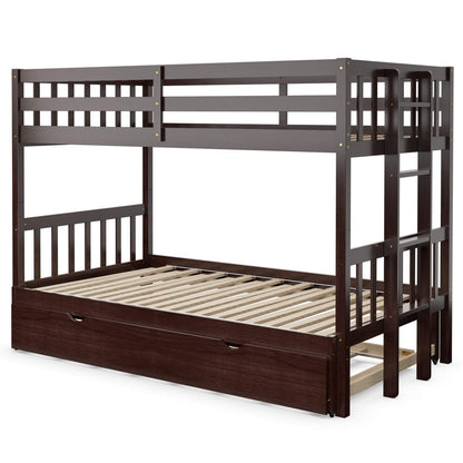 Giantex Twin Over Pull-Out Bunk Bed with Trundle, Extendable Twin/Full/Queen/King Bunk Bed, Solid Wood Bunk Bed with Ladder and Safety Rail, Wooden Bunk Beds for Kids Adults Teens, Espresso