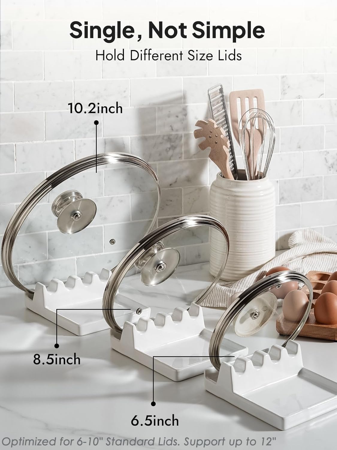 LE TAUCI Ceramic Spoon Rest for Stove Top, Spoon and Lid Rest for Kitchen Counter, Spoon Holder with Drip Pad for Multiple Utensils, Heat-Resistant, Housewarming Present - 6.2 inch, Set of 1, White