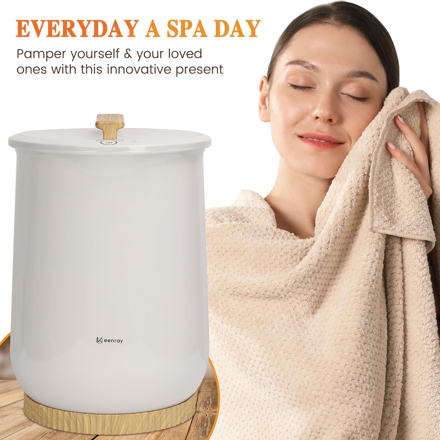 Keenray Bucket Style Towel Warmers, Luxury Bucket Towel Warmer, Large Towel Warmer for Bathroom, Auto Shut Off, Fits Up to Two 40"X70" Oversized Towels, Bathrobes, Blankets, PJ's and More, White, CL1