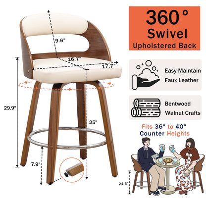 Mid Century Modern Counter Height Bar Stools Set of 2, 360° Swivel Counter Stools with Bentwood Walnut Frame, Upholstered Faux Leather Seat, Curved Back Kitchen Island Chairs, 25" Seat Height, Beige