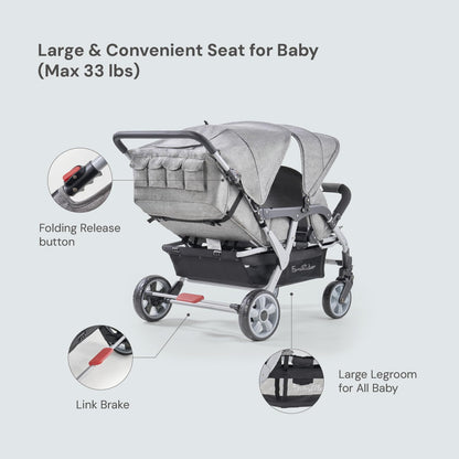 Familidoo H4E Quad Stroller Wagon for Kids, 4-Seater Daycare Baby Stroller with 5-Point Safety Harness, Lightweight & Foldable with All Reclining Seats, Double Canopy & Rain Cover (Gray)