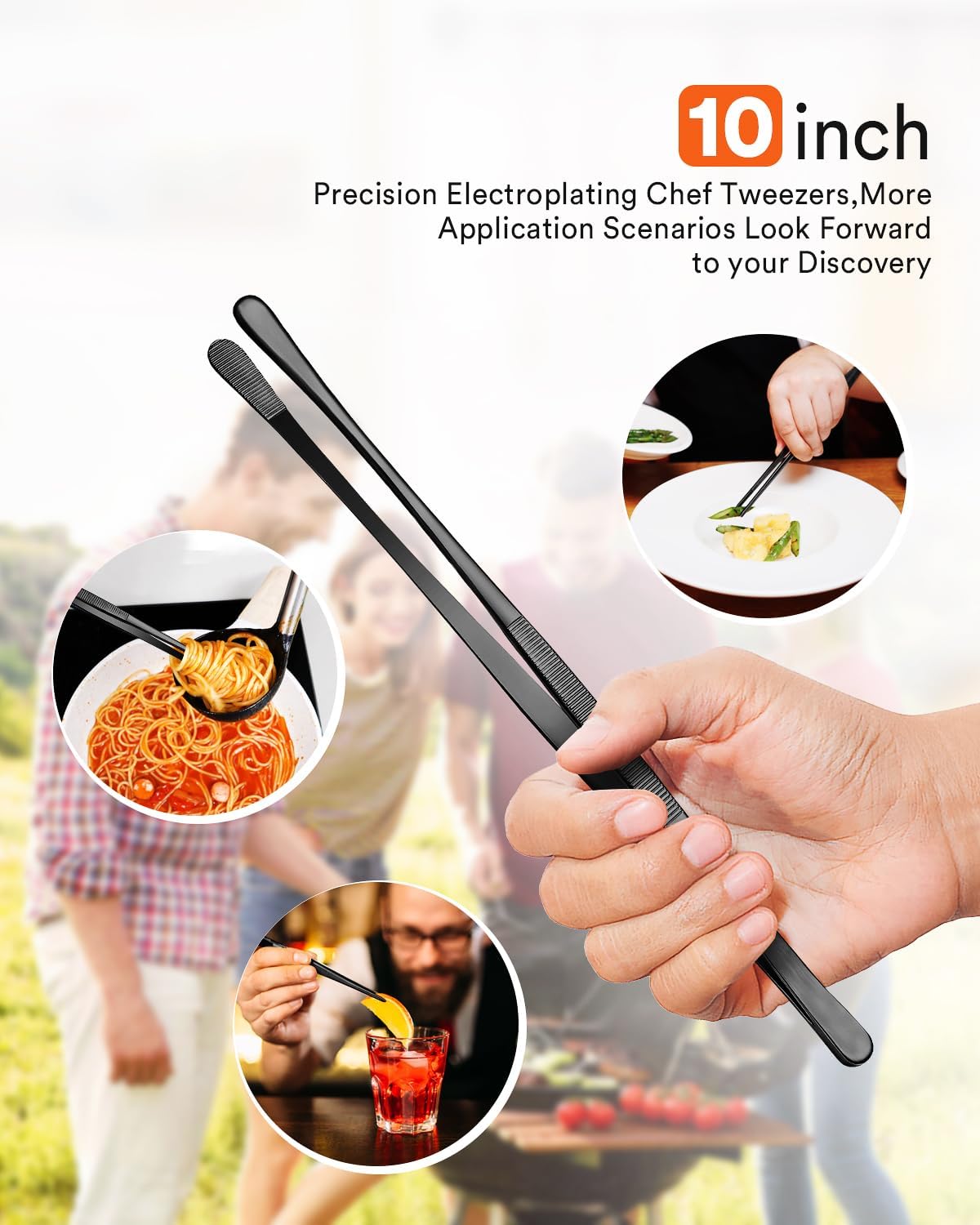 Black Stainless Steel Kitchen Tweezers, Round Tip Tweezer Tongs for Cooking with Multi-Function Precision Serrated Tips
