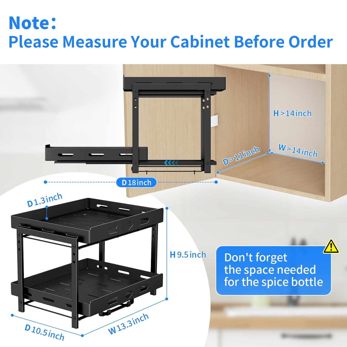 BOIVSHI Spice Organization for Cabinet, 2-Tier Cabinet Spice Rack, Height Adjustable Vertical Spice Rack Pull Out for Kitchen, Cabinet, Pantry (14.1''Wx10.8''Dx9.2''H, Metal Black)