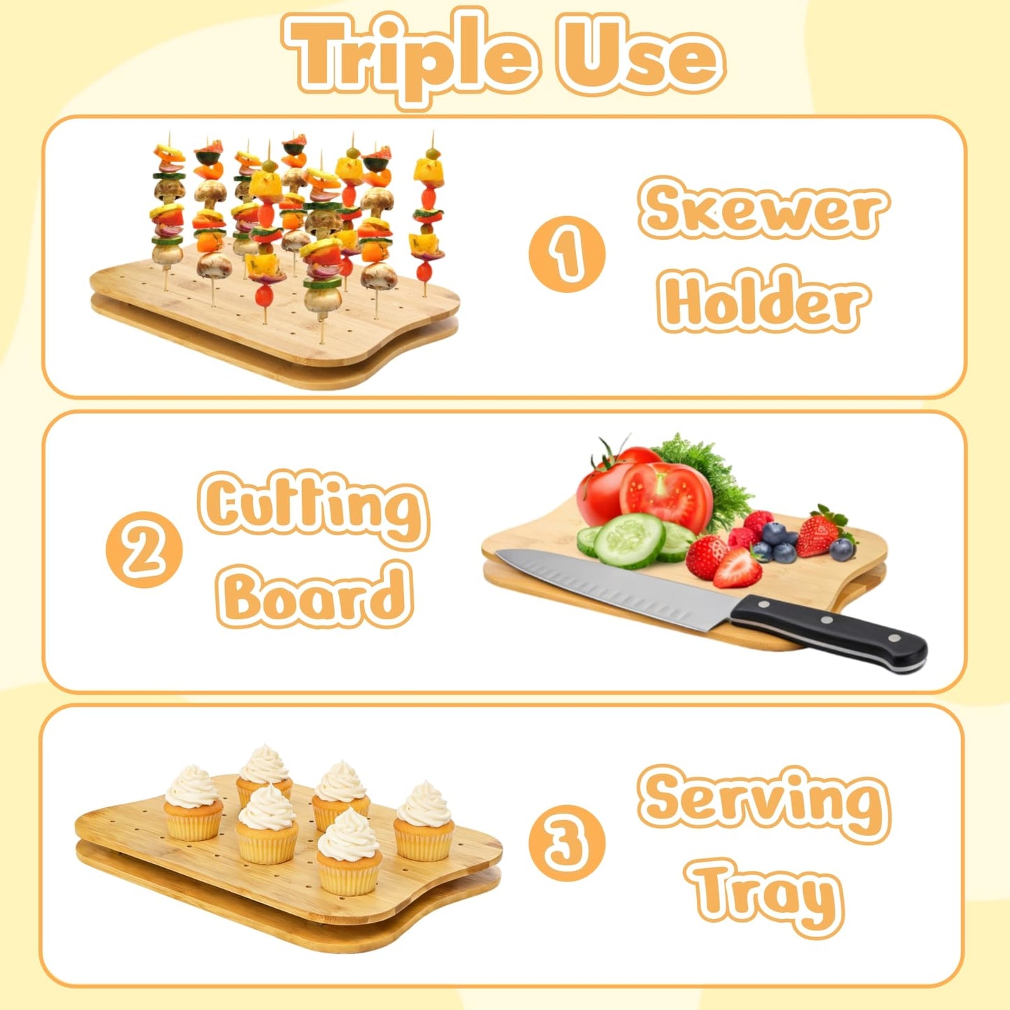 Acshio 2 Pack Bamboo Skewer Holder, 90 Holes Fruit Kabobs Cocktail Pick Stand, Appetizer Food Display Serving Curved Board for Party, Buffet, Catering Event