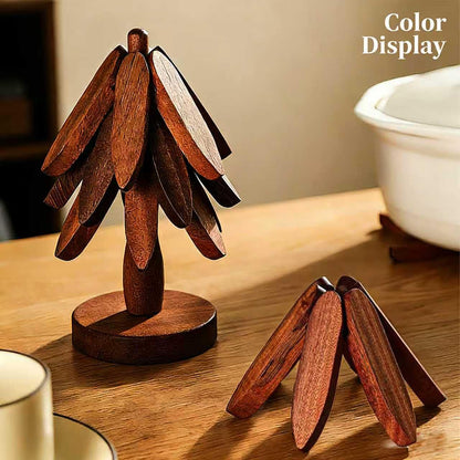 Natural Foldable Black Walnut Wood Insulation Pad Set — 4 Multifunctional Insulation Racks + 1 Hot Dish Rack, for Pots, Bowls, Teapots and Hot Pans