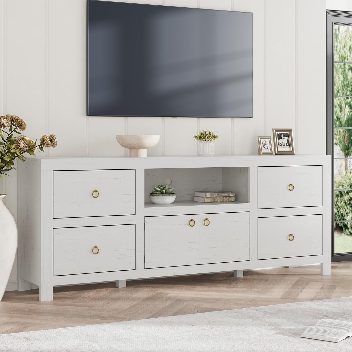 Farmhouse TV Stand for 75/80 Inch TVs, 70" Long Entertainment Center with 6 Storage Drawers & Soundbar Shelf, White Television Consoles Stands for Living Room, Bedroom