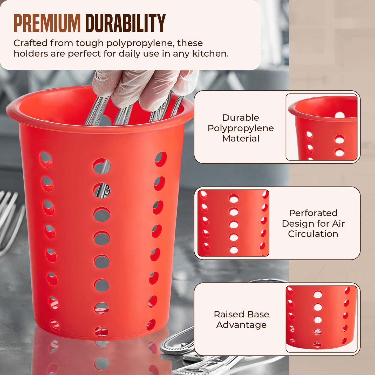 OCS Parts Perforated Utensil Drying Cups | Red | Set of 3 | Plastic Flatware Holder Cylinders for Kitchen Counter Organization