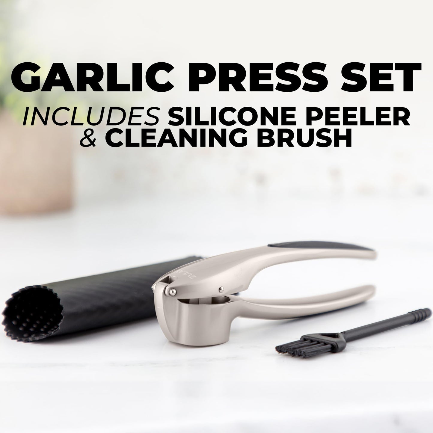 Zulay Kitchen Premium Garlic Press Set – Rust Proof & Dishwasher Safe Garlic Mincer Tool with Silicone Garlic Peeler & Brush, Easy Squeeze & Clean, Ergonomic Soft Grip Handle - Medium – Silver