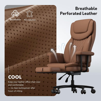 JULYMON Executive Office Chair Big and Tall 500LBS, 165° Reclining Heavy Duty Office Chair with Footrest & Quiet Rubber Wheels, Height Adjustable, Soft Strong Padded Arms, Brown