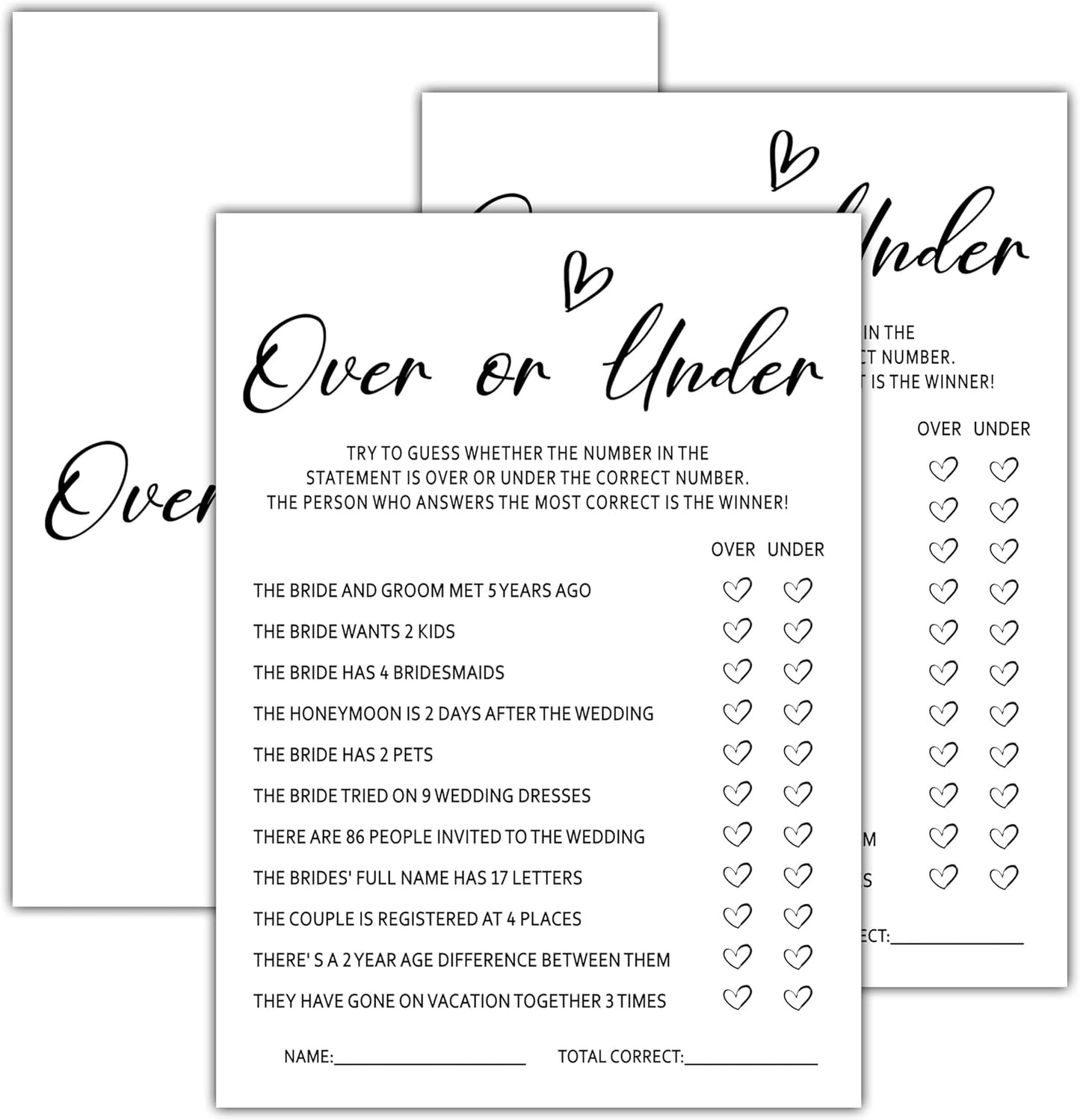 OZTEMETY 25 Cards(white002) Over or Under Bridal Shower Games, Minimalist Engagement Party Game Cards, Bachelorette