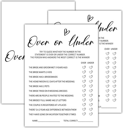 OZTEMETY 25 Cards(white002) Over or Under Bridal Shower Games, Minimalist Engagement Party Game Cards, Bachelorette