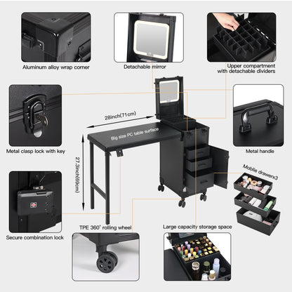 Rolling Portable Manicure Table with 3 Drawers, Lockable Makeup Train Case with Detachable Mirror, Foldable Nail Desk with Wheels & Handle, Mesa de Uñas Profesional para Nail Techs & Salon Use, Black